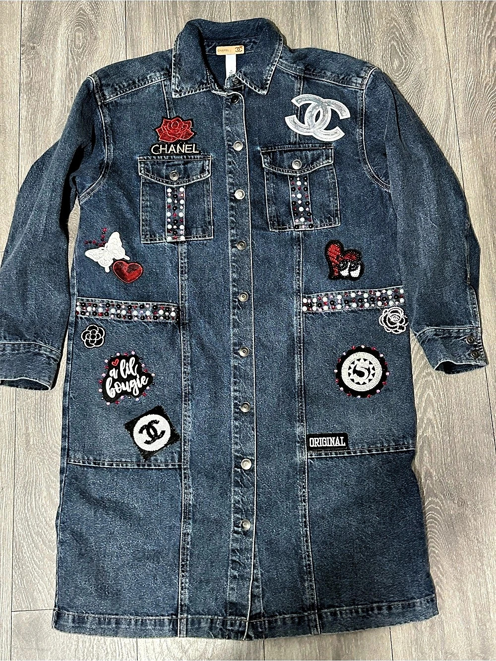 Upcycled Embellished Denim Duster Coat Size Medium - Picture 2 of 5